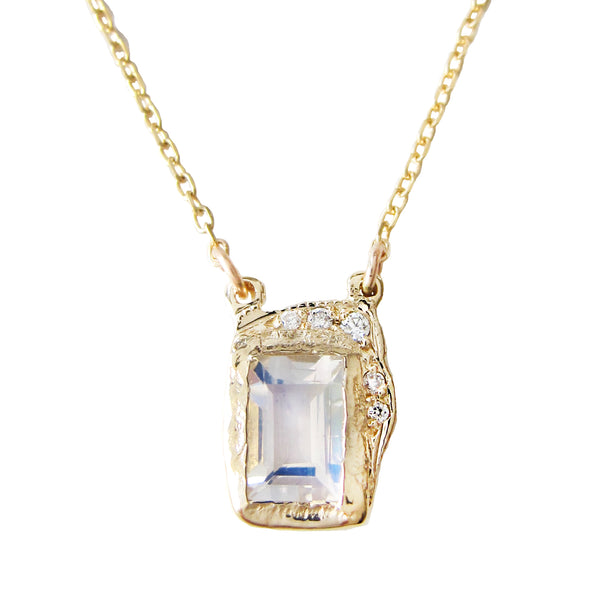 6X4 emerald cut rainbow moonstone necklace with white round brilliant diamonds.