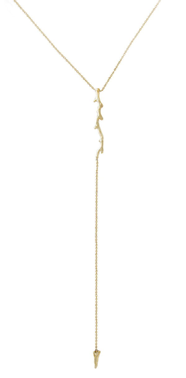 14K Yellow Gold Twig Lariat Necklace.