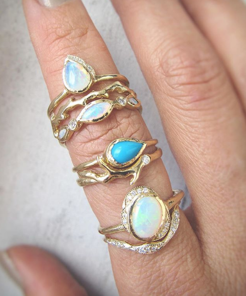 Oasis Opal Ring with White Round Brilliant Diamonds as Part of a Larger Set.