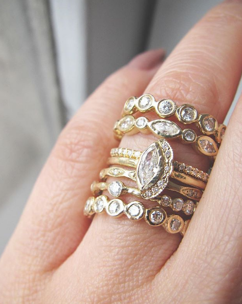 Petite Native Diamond Ring with white round brilliant diamonds as a set of 6.