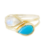 14k yellow gold ring with opal and moonstone.