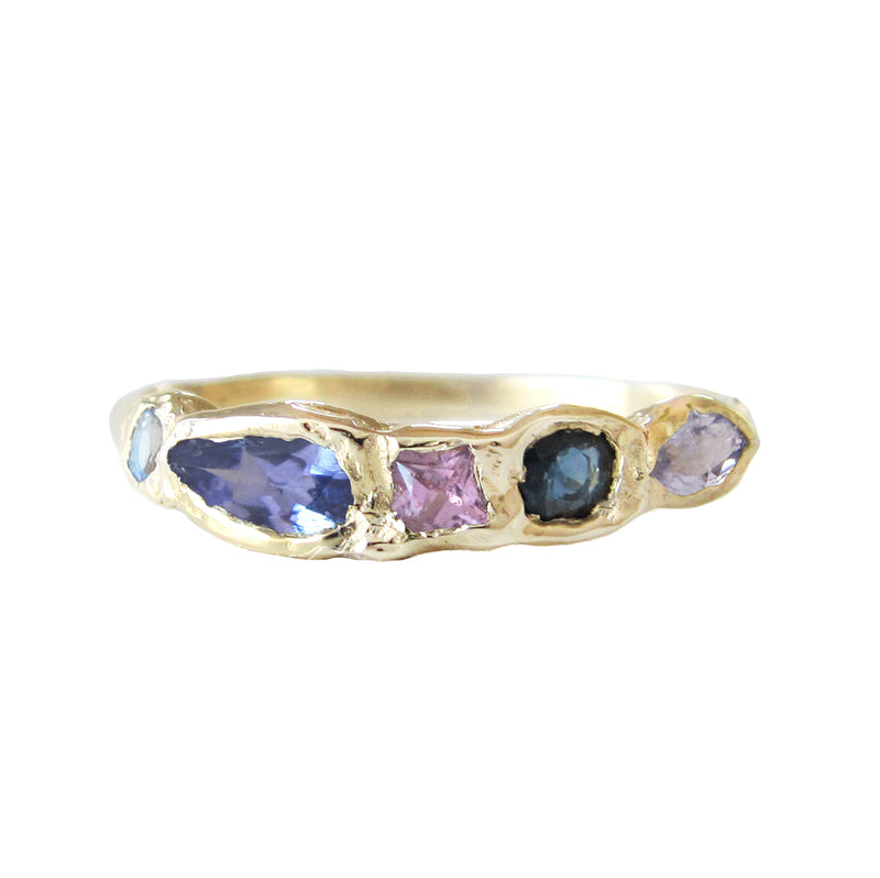 Journey treasure rainbow of moonstone, tanzanite, pink sapphire, blue sapphire and tanzanite moonlight ring.