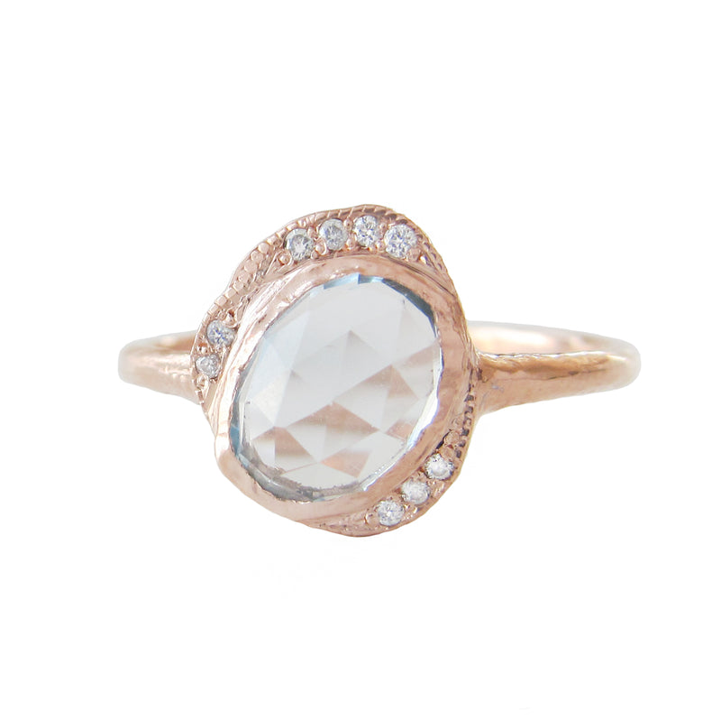 14K Oasis Blue Topaz Ring with White Round Brilliant Diamonds.