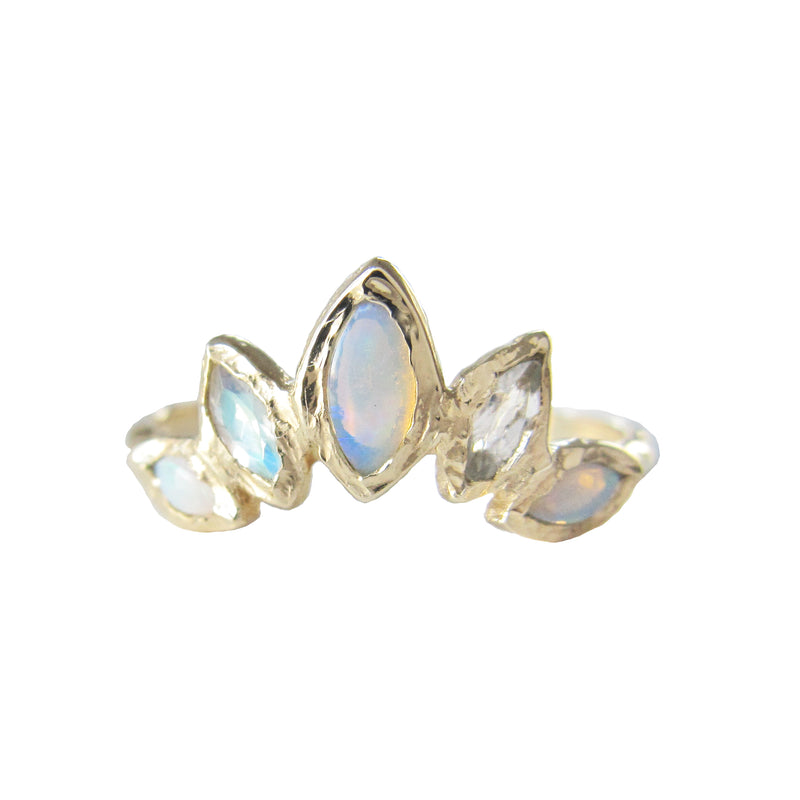 Palm Paradise Ring with Faceted Rainbow Moonstone and Opal Side Stones. 