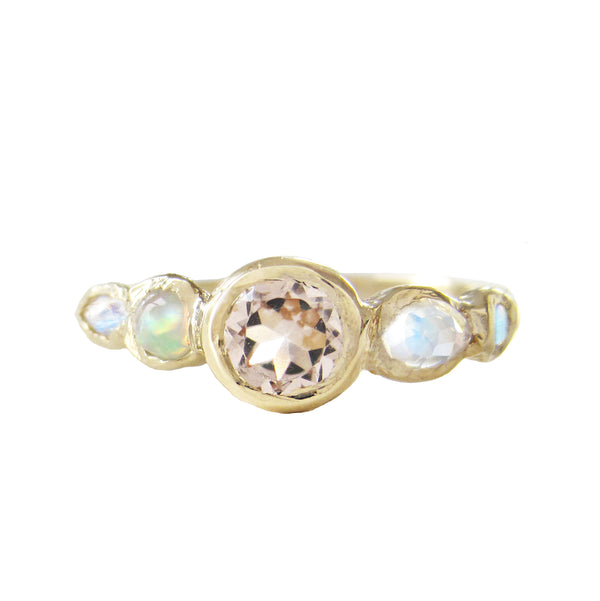 Journey Paradise Ring with Rainbow Moonstone and Opal Side Stones. 