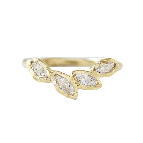 14k Yellow Gold Petal White Marquis Diamond Ring.