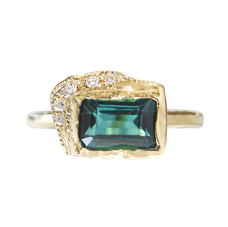 6X4mm emerald cut green tourmaline  ring with white round brilliant diamonds.