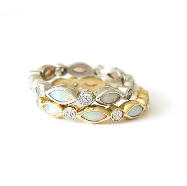 White Gold and Yellow Gold Opal Eternity Rings with diamonds and opal .