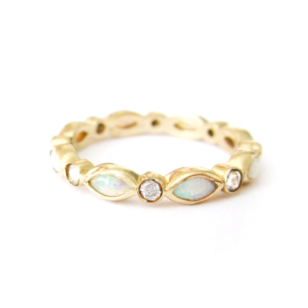 Yellow Gold Opal Eternity Ring  with Diamonds.