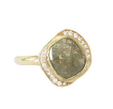 14K Gold ring with main rustic diamond and small round brilliant diamonds