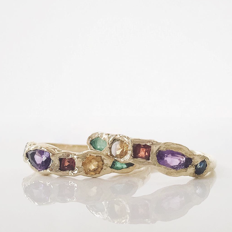 2 Sapphire, amethyst, garnet, citrine and emerald gold rings.