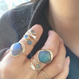 14K Yellow Gold Labradorite Cove Rings on right hand. 