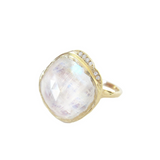 Moonstone Yellow Gold Ring with white round brilliant diamonds.